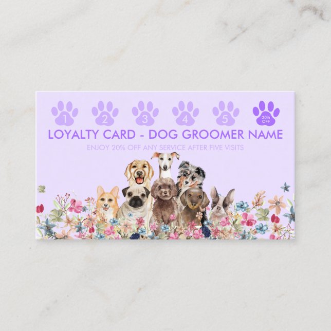Carte De Visite Purple Lilac Chien Walker Groomer Punch Loyauté (Devant)
