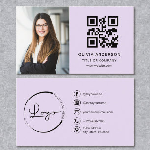 Carte De Visite Purple Lilac Photo Blanc QR Code Médias sociaux