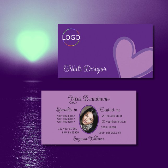 Carte De Visite Purple Magnifique Lilac Coeur avec logo et photo (Créateur téléchargé)