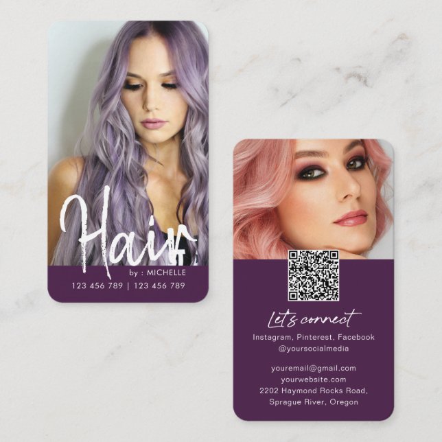Carte De Visite Purple Modern chic Cheveux élégant QR code photo (Devant / Derrière)