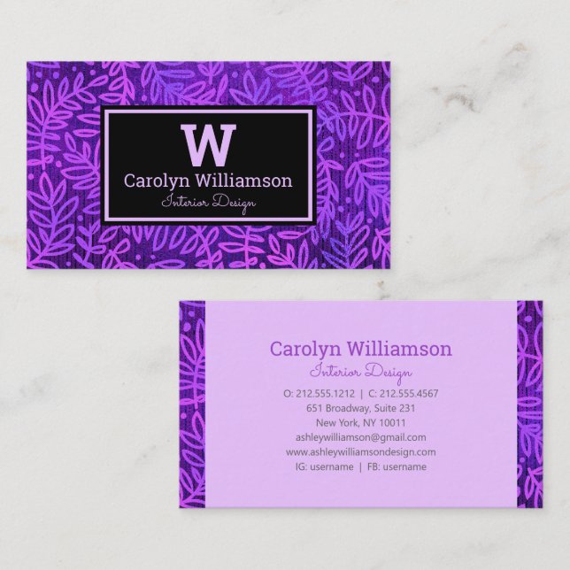 Carte De Visite Purple monogramme feuille motif botanique moderne  (Devant / Derrière)