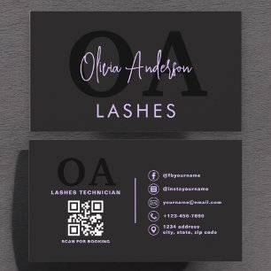 Carte De Visite Purple QR Code Eye Lashes Technicien Noir