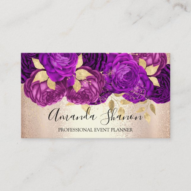 Carte De Visite PurpleRose Gold Flowers Logo Event Planner QR Code (Devant)