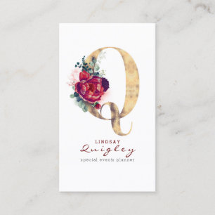 Carte De Visite Q Monogramme Bourgogne Fleurs rouges et Parties sc
