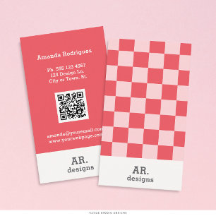 Carte De Visite QR à carreaux rose rouge élégant