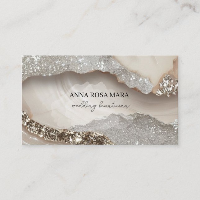 Carte De Visite *~* QR Agate Taupe Parties scintillant argent Glam (Devant)