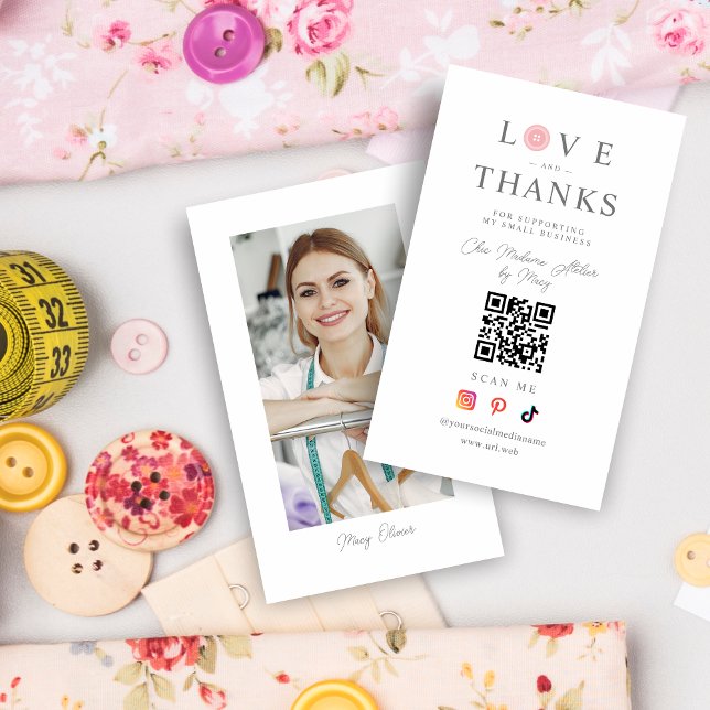 Carte De Visite QR Baby Pink Button Love & Thanks Photo Supporting (QR Baby Pink Button Love & Thanks Photo Supporting Small Business Card. )