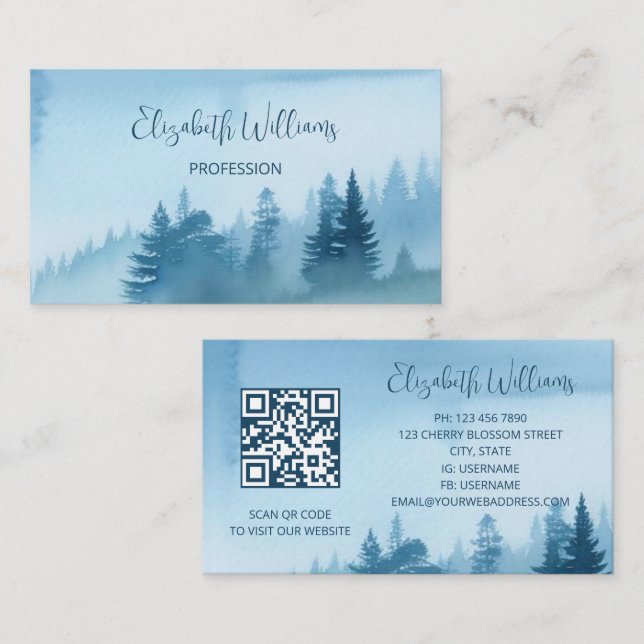 Carte De Visite QR Code Aquarelle bleue Paysage (Devant / Derrière)