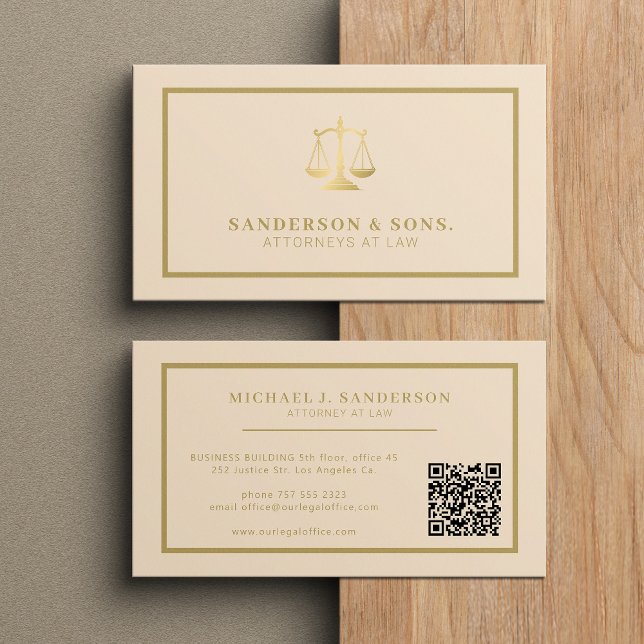 Carte De Visite QR code attorney lawyer professional gold beige (Créateur téléchargé)