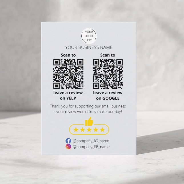 Carte De Visite QR code avis petit commerce GOOGLE et YELP  (QR-code "leave a review" business card. Five stars review. Custom logo, yelp and google)
