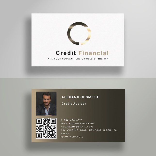 Carte De Visite QR Code Black Gold Modern Photo professionnelle (finance business card qr code financial services wealth management credit advisor modern white)