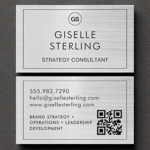 Carte De Visite QR Code Brossé Monogramme argent moderne