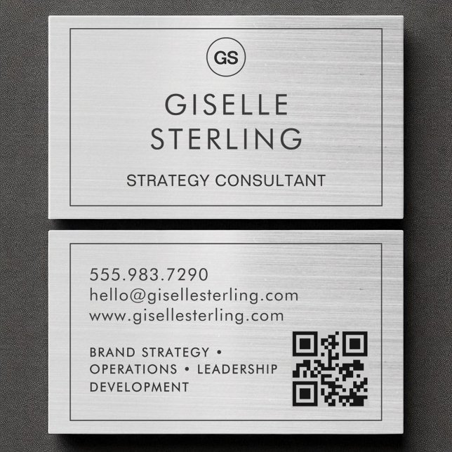 Carte De Visite QR Code Brossé Monogramme argent moderne (Créateur téléchargé)
