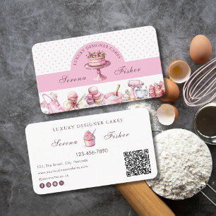 Carte De Visite QR Code Cake Baker Polka Dot Chic Pink Business