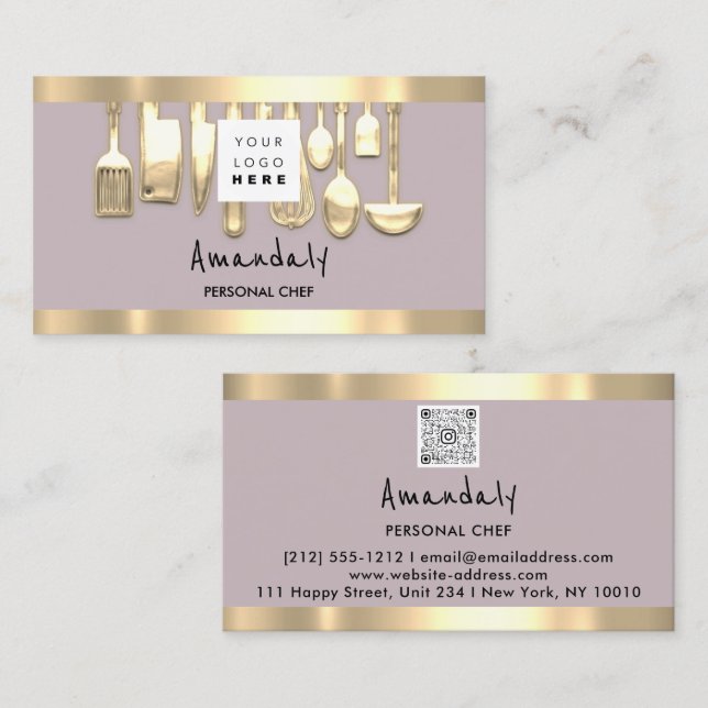 Carte De Visite QR Code Chef personnel Cuisine Restaurant Gold (Devant / Derrière)