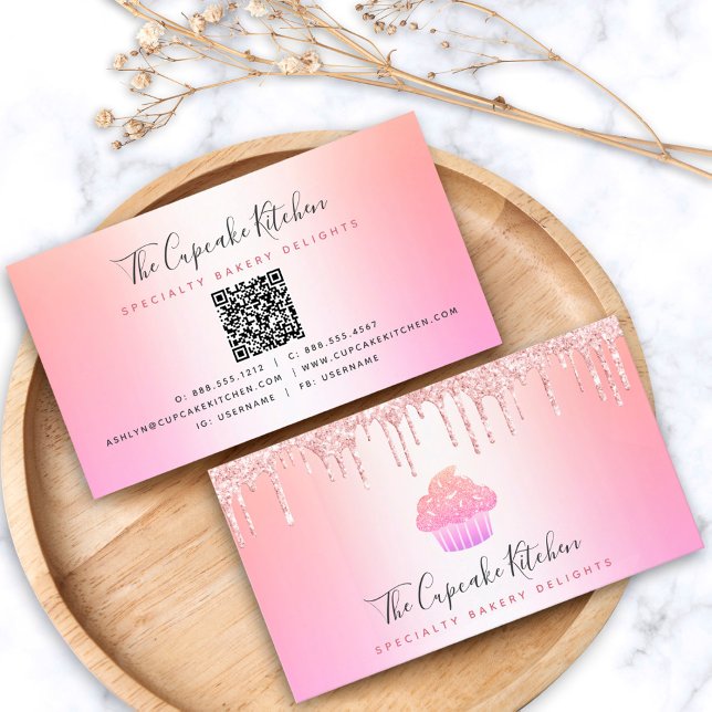 Carte De Visite QR Code Cupcake Bakou Chef Parties scintillant ros (Créateur téléchargé)