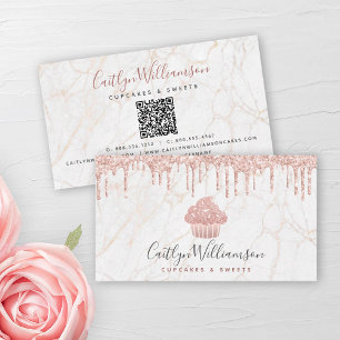 Carte De Visite QR Code Cupcake Rose Parties scintillant or Drift