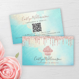 Carte De Visite QR Code Cupcake Rose Rose Parties scintillant Aqua