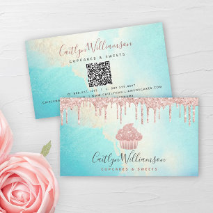 Carte De Visite QR Code Cupcake Rose Rose Parties scintillant Aqua
