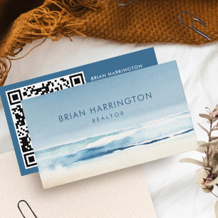 Carte De Visite QR Code de l'aquarelle scannable Côte Plage bleue
