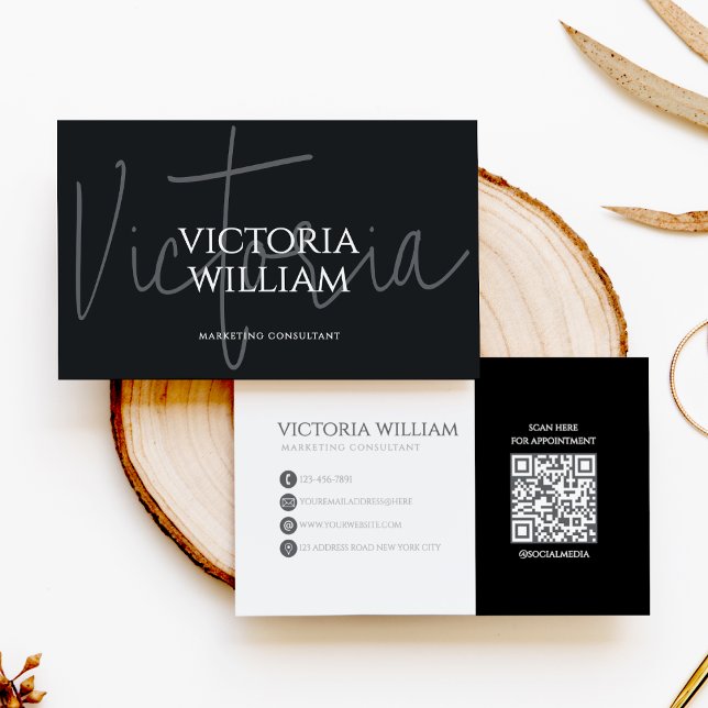Carte de visite QR Code élégante Noir Gris Script (Créateur téléchargé)