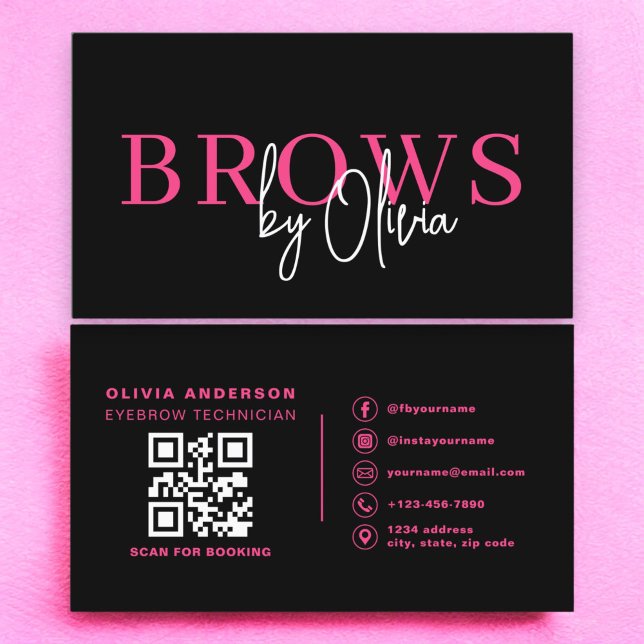 Carte De Visite QR Code Eyebrows Brows Artiste Hot Pink Black (Créateur téléchargé)