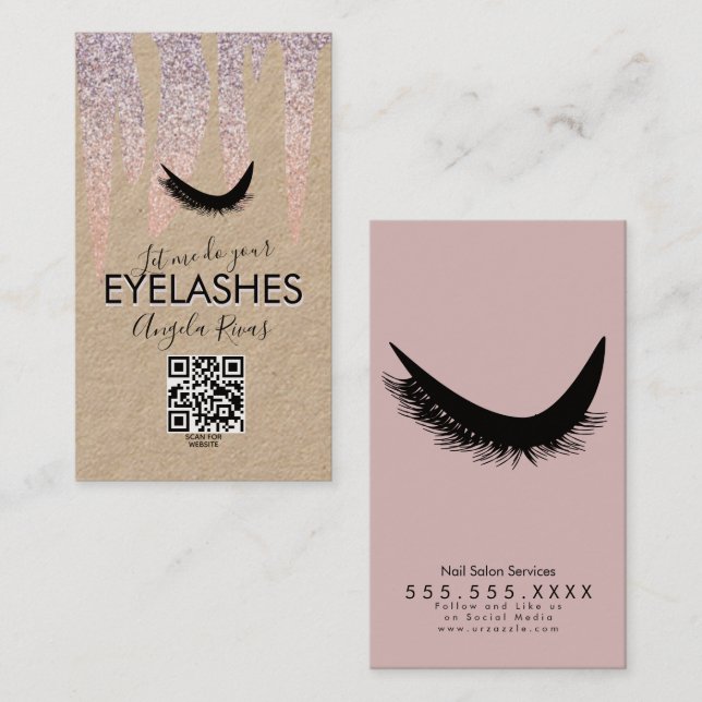 Carte De Visite QR CODE Eyelashes Parties scintillant rose goutte- (Devant / Derrière)