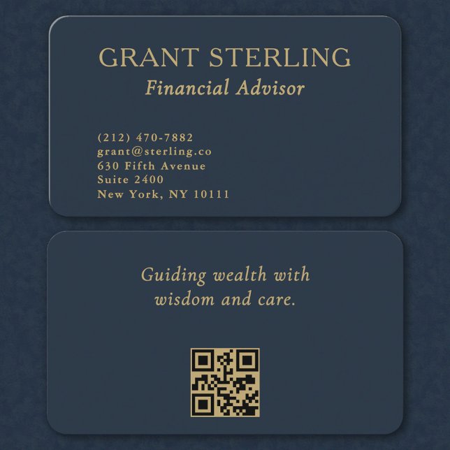 Carte De Visite QR Code Financial Advisor Minimal Navy Blue Gold  (Créateur téléchargé)