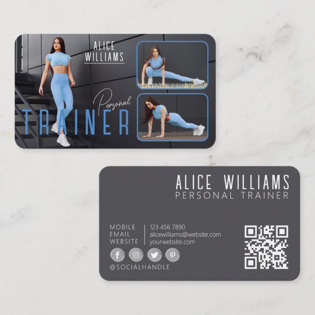 Carte De Visite QR Code Fitness Blue & Grey Personal Trainer Photo (Devant / Derrière)