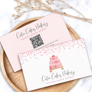 Carte De Visite QR Code Gâteau Blush Rose arroser Pâtisserie Chef 
