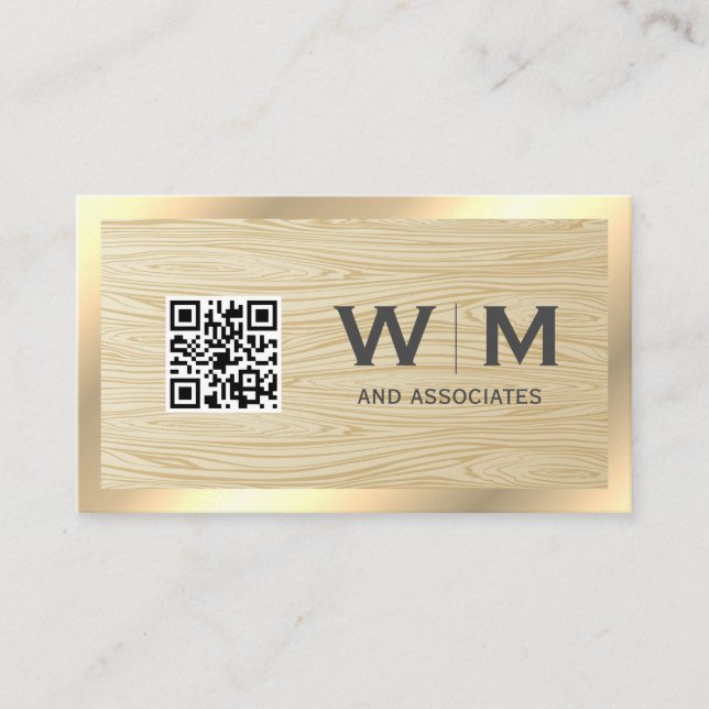 Carte De Visite QR Code Grain de bois | Bordure d'or (Devant)