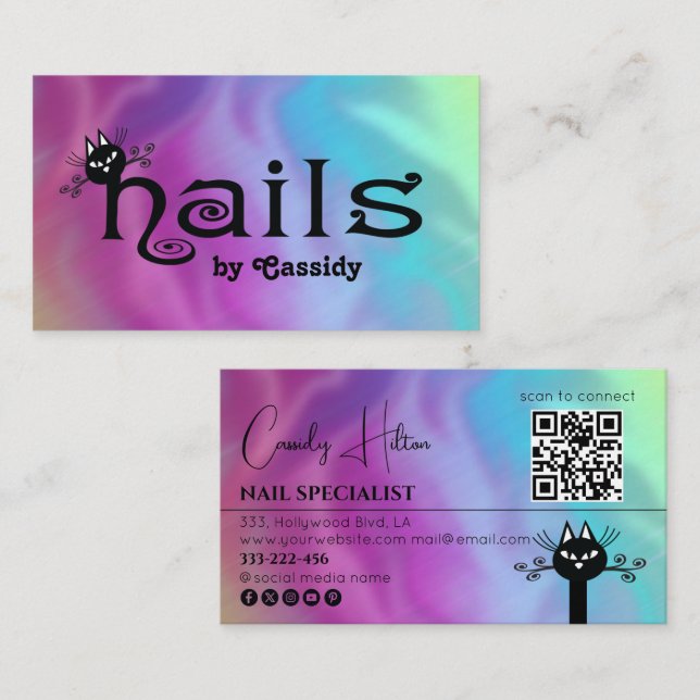 Carte De Visite Qr code holographique Adorable chat noir ongles am (Devant / Derrière)
