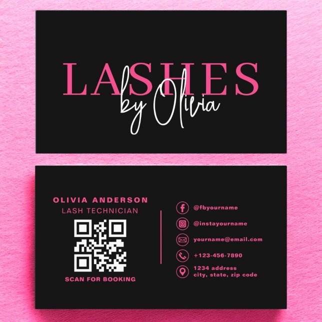Carte De Visite QR Code Lashes Technicien Hot Pink Noir (Créateur téléchargé)
