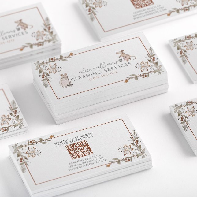 Carte De Visite QR Code Maid Maid Mouse Professionnel Mice Floral (Créateur téléchargé)