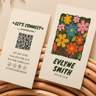 Carte De Visite QR Code main tiré coloré Retro Funky Floral