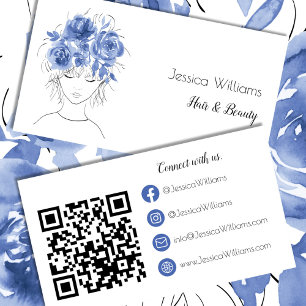 Carte De Visite QR code mignon fille bleu aquarelle rose florale