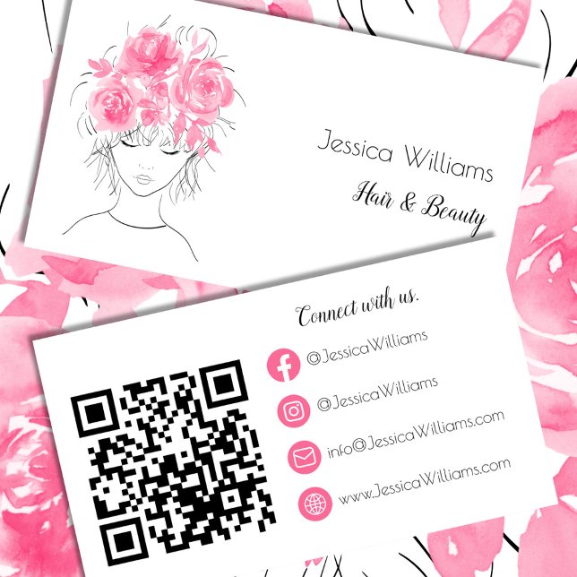 Carte De Visite QR code mignon fille rose aquarelle rose florale (Créateur téléchargé)