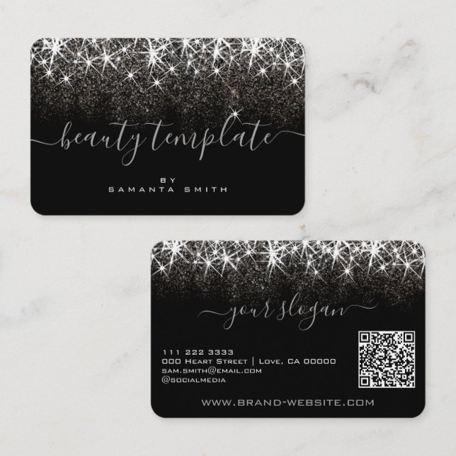 Carte De Visite QR Code Modèle Lumineuse Platine Argent Beauté (Devant / Derrière)
