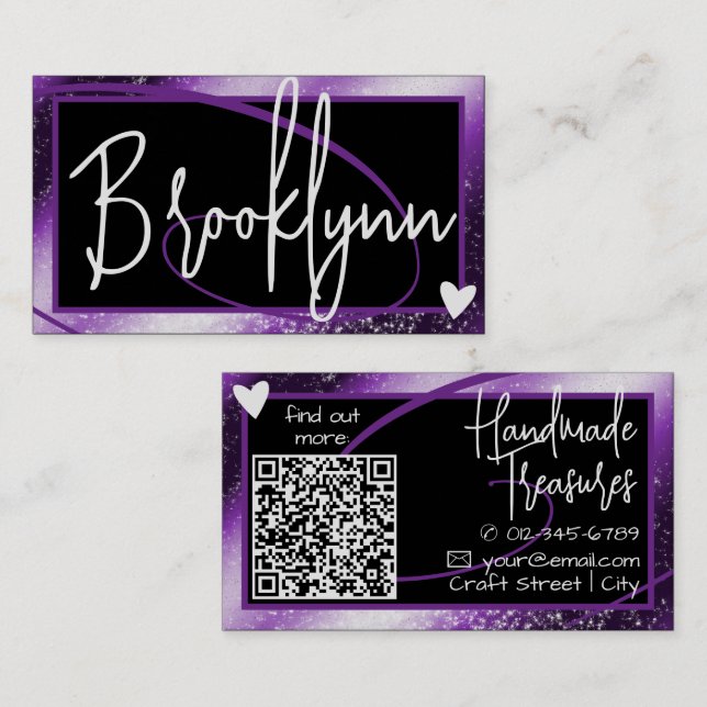 Carte De Visite QR Code Modèle Style Purple Ombre Frame Heart (Devant / Derrière)
