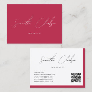Carte De Visite QR Code Modern Magenta Hot Pink Handwritten Script