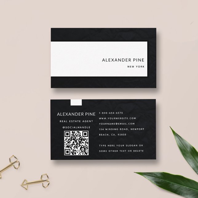 Carte De Visite QR Code Moderne élégant noir blanc professionnel (simple modern elegant professional corporate generic business card black white qr code website sleek)