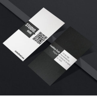 Carte De Visite QR Code moderne ivoire matte noir minimal vertical