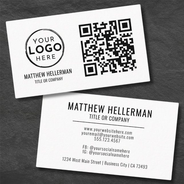 Carte De Visite QR Code Moderne Professionnel Noir Blanc Logo (QR Code Modern Professional Black White Logo Business Card)