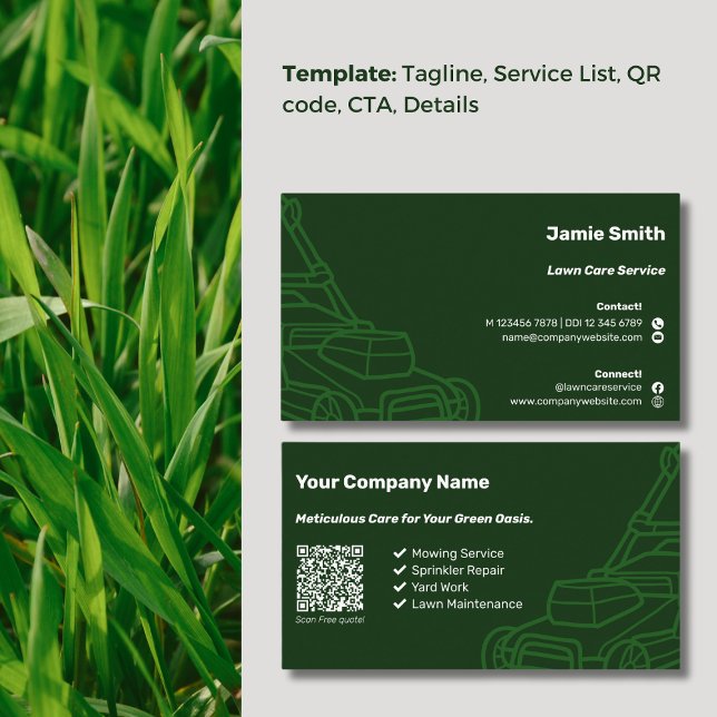 Carte De Visite QR Code Mower Outline Custom Dark Green Lawn Care (QR Code Mower Outline Custom Dark Green Lawn Care Business Card, Service List, Icons)
