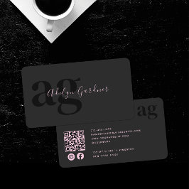 Carte De Visite QR Code noir rose monogramme Script Médias sociaux