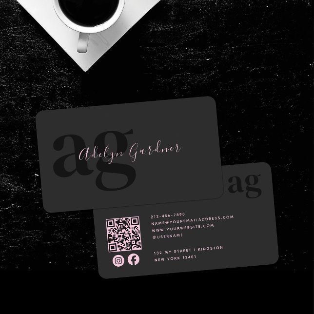 Carte De Visite QR Code noir rose monogramme Script Médias sociaux (Créateur téléchargé)