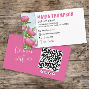 Carte De Visite QR Code personnalisé élégant rose floral se connec