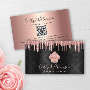 Carte De Visite QR Code Pink Cupcake Glitter Drips Bakery Black