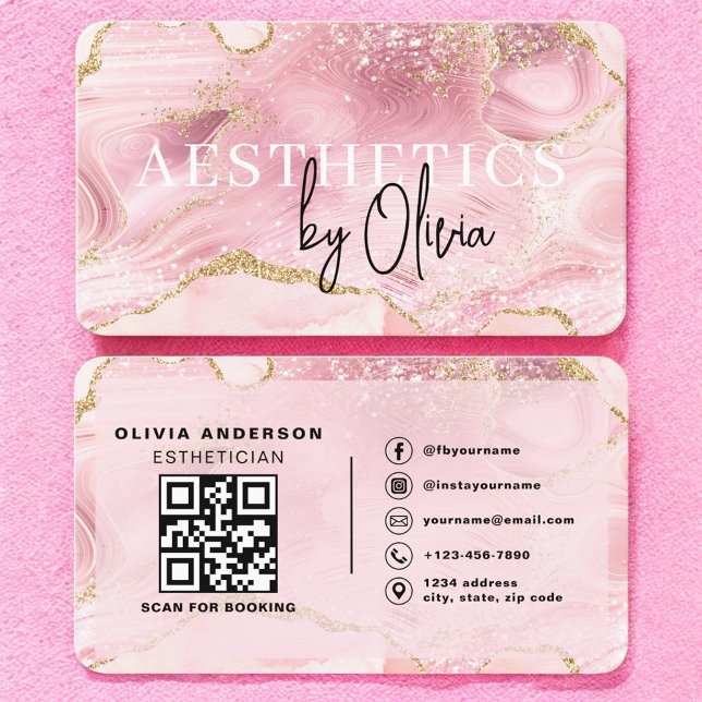 Carte De Visite QR Code Pink Marble Esthetician & Spa (Créateur téléchargé)