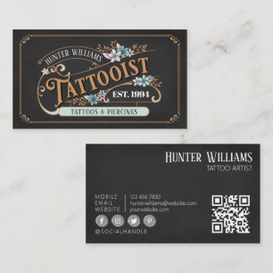 Carte De Visite QR Code Professional Noir Tatoueur Vintage Artiste